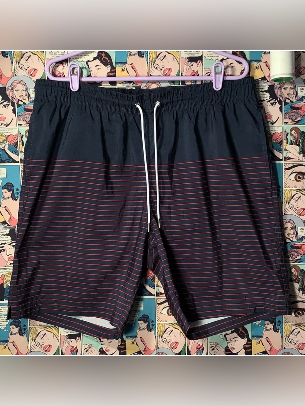 Lands’ End Navy Red Striped Swim Trunks Board Shorts L 36-38